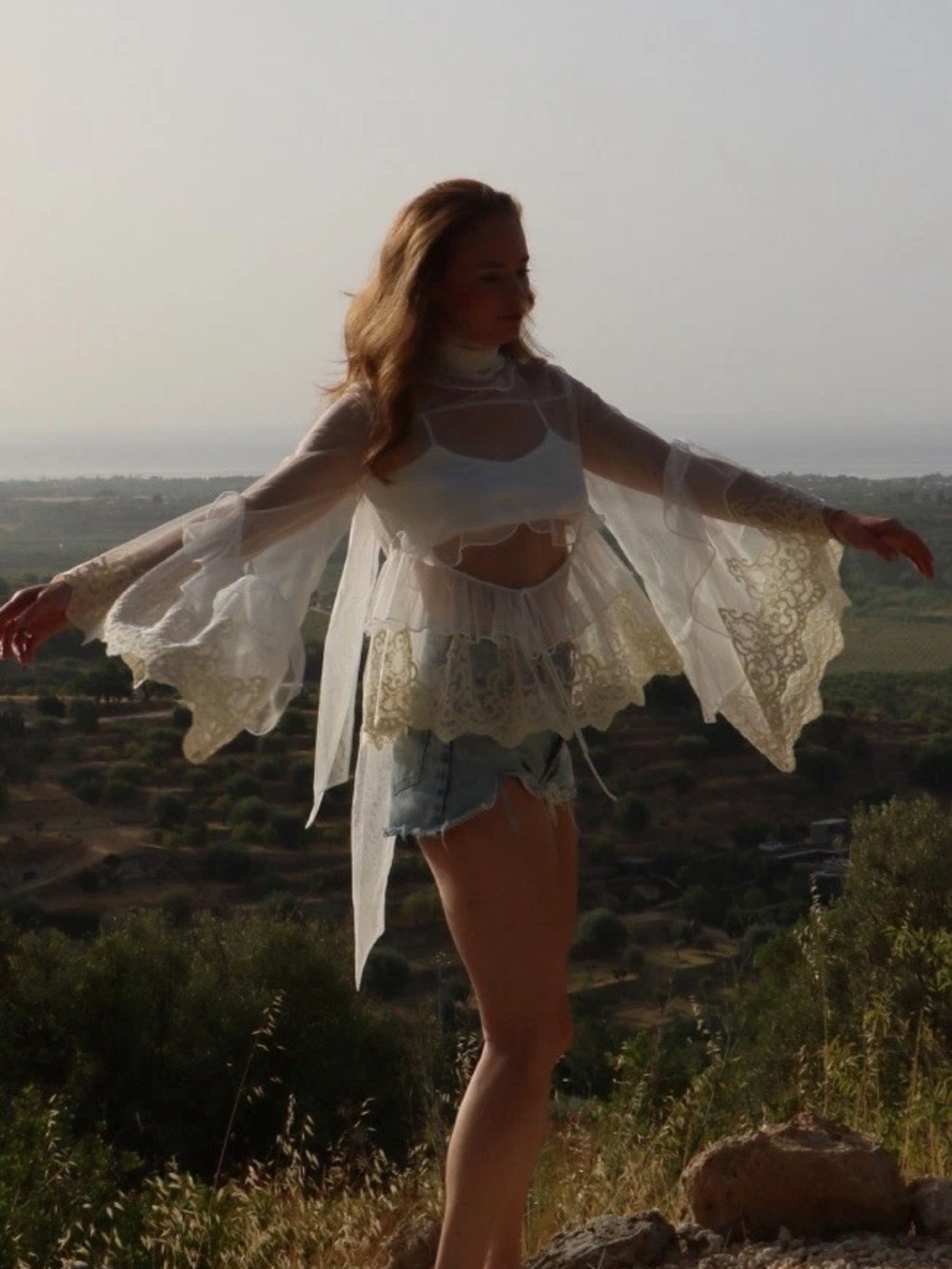 Bardot Sheer White Lace Bell-Sleeve Blouse